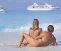 [Nude couple on beach, cruise ship in the distance]