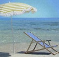 [Beach chair and umbrella, blue sea]